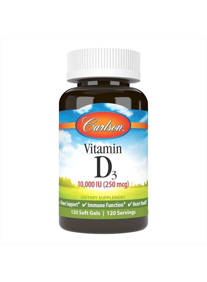Carlson Vitamin D3 10000 IU (250 mcg), Bone Health, Muscle Health, Cholecalciferol, Vitamin D Supplements, Vitamin D3 Soft Gels, 120 Softgels - Image 1