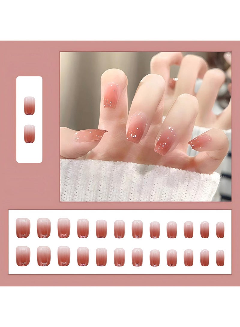 24-Piece Honey Pink Ombre French Fake Nails, Wearable False Nails, Short Style, Versatile, Removable, No Damage to Nails, Finished Nails Suitable for Girls - Image 1
