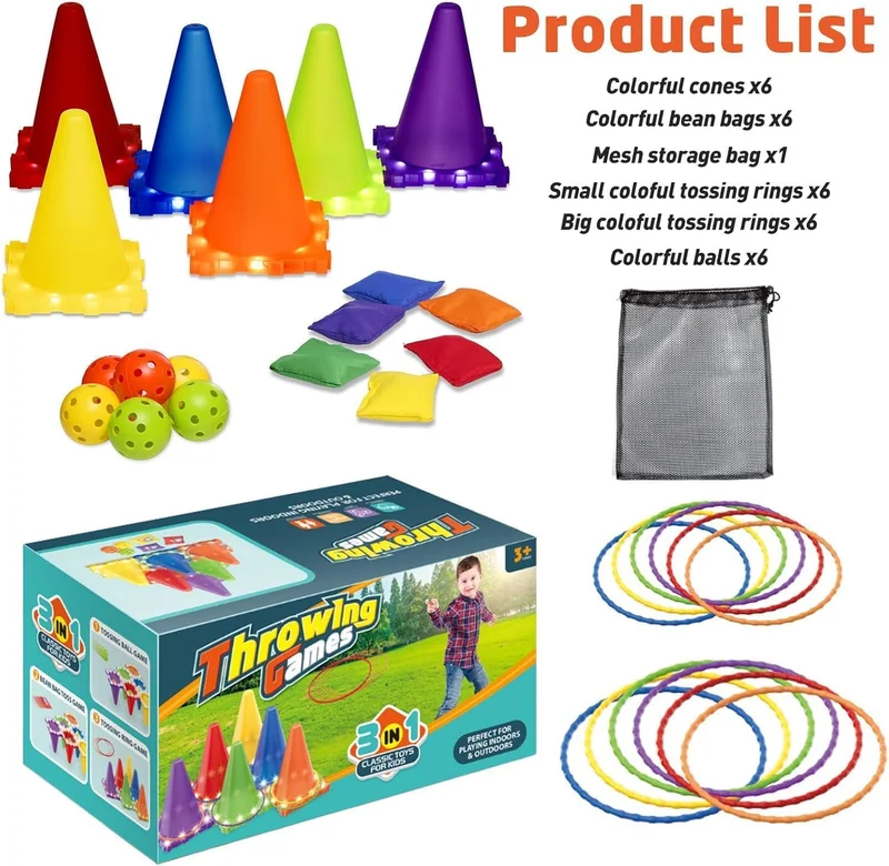 QUESERA SNAPTRON® 3-in-1 LED Ring Toss Game Set – Ultimate Carnival-Style Tossing Game for Kids & Adults – Includes 6 Cones, 12 Rings, Bean Bags & Balls – Indoor/Outdoor Fun for Parties & Camping