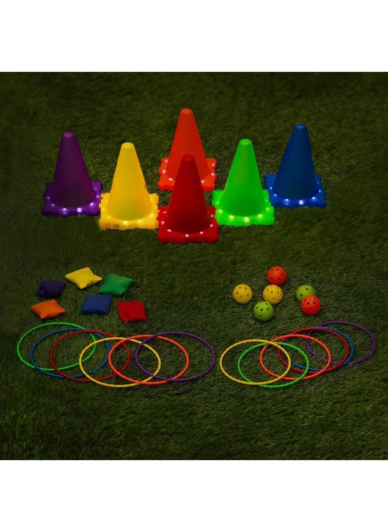 QUESERA SNAPTRON® 3-in-1 LED Ring Toss Game Set – Ultimate Carnival-Style Tossing Game for Kids & Adults – Includes 6 Cones, 12 Rings, Bean Bags & Balls – Indoor/Outdoor Fun for Parties & Camping