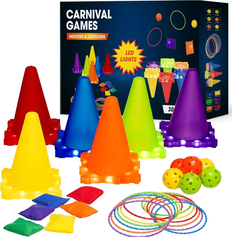 QUESERA SNAPTRON® 3-in-1 LED Ring Toss Game Set – Ultimate Carnival-Style Tossing Game for Kids & Adults – Includes 6 Cones, 12 Rings, Bean Bags & Balls – Indoor/Outdoor Fun for Parties & Camping