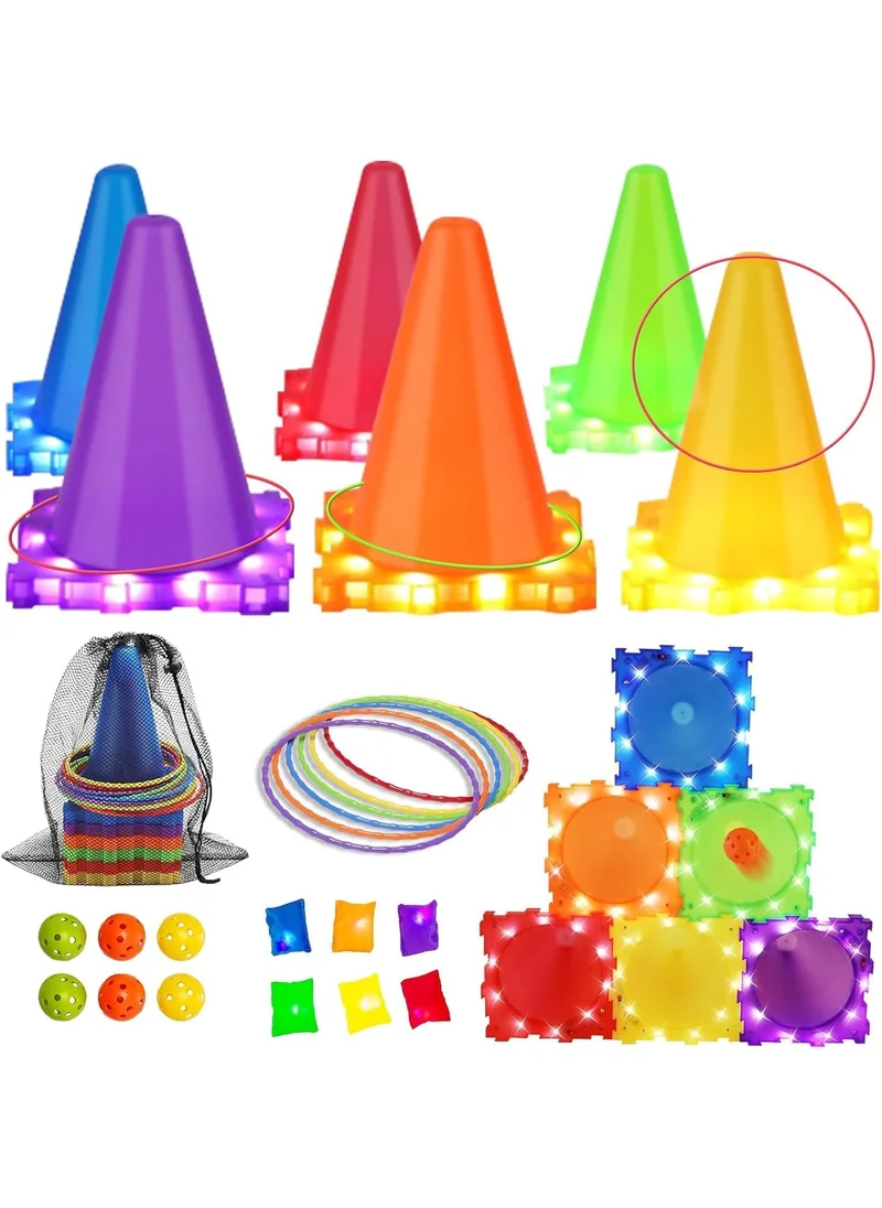 QUESERA SNAPTRON® 3-in-1 LED Ring Toss Game Set – Ultimate Carnival-Style Tossing Game for Kids & Adults – Includes 6 Cones, 12 Rings, Bean Bags & Balls – Indoor/Outdoor Fun for Parties & Camping