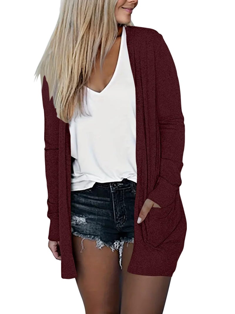 DB MOON Womens Long Cardigan Light Weight Sweater Long Sleeve Lightweight Open Front Fall Outfits with Pockets XL, Wine Red - Image 2