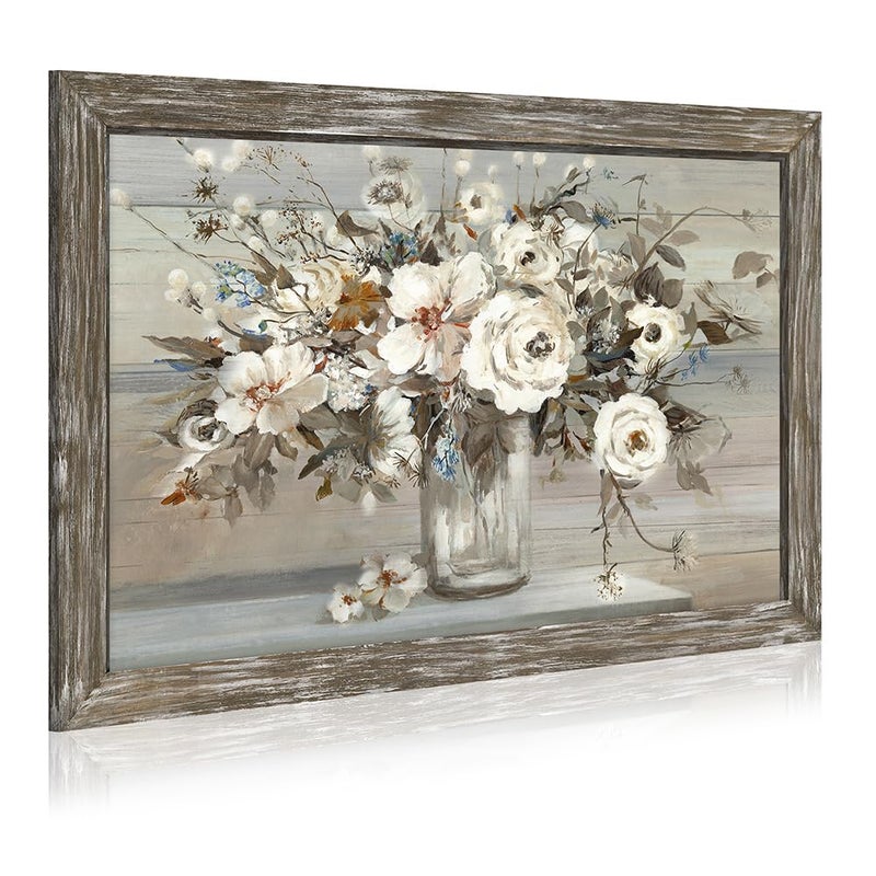 Dream Land Flowers Bouquet Wooden Framed Artwork: Vintage Botanical Floral in Vase Wall Art Print Painting Rustic Abstract Nature Plant Picture for Living Room Kitchen Bathroom Bedroom Farmhouse - Image 1