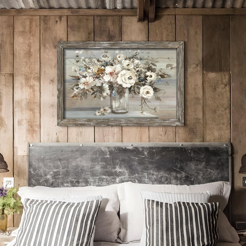 Dream Land Flowers Bouquet Wooden Framed Artwork: Vintage Botanical Floral in Vase Wall Art Print Painting Rustic Abstract Nature Plant Picture for Living Room Kitchen Bathroom Bedroom Farmhouse - Image 4