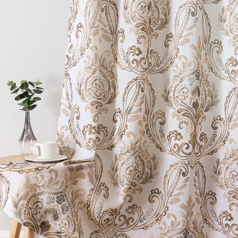 HVERSAILTEX Linen Textured Sheer Curtains for Living Room 96 Inch Long Vintage Floral Pattern Half Privacy Light Filtering Vertical DrapesClassical Floral Design 2 Panels Set Taupe