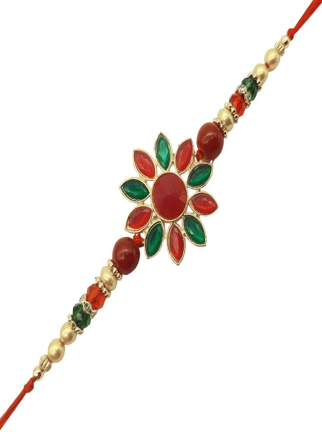 Ascension Flower Kundan Meena Rakhi Raksha Bandhan Gift Band Moli Bracelet Stone Pearl Designer Rakhi for Brother bhaiya with Roli Tilak Pack (Pack of 2) - Image 4