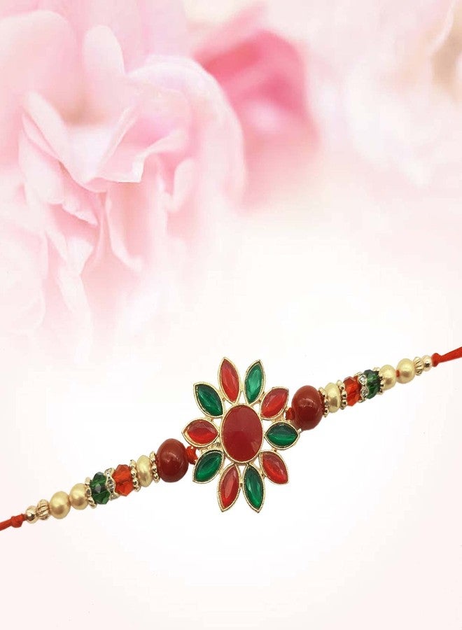 Ascension Flower Kundan Meena Rakhi Raksha Bandhan Gift Band Moli Bracelet Stone Pearl Designer Rakhi for Brother bhaiya with Roli Tilak Pack (Pack of 2) - Image 3