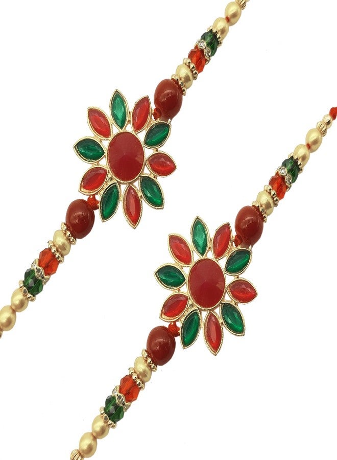 Ascension Flower Kundan Meena Rakhi Raksha Bandhan Gift Band Moli Bracelet Stone Pearl Designer Rakhi for Brother bhaiya with Roli Tilak Pack (Pack of 2) - Image 1