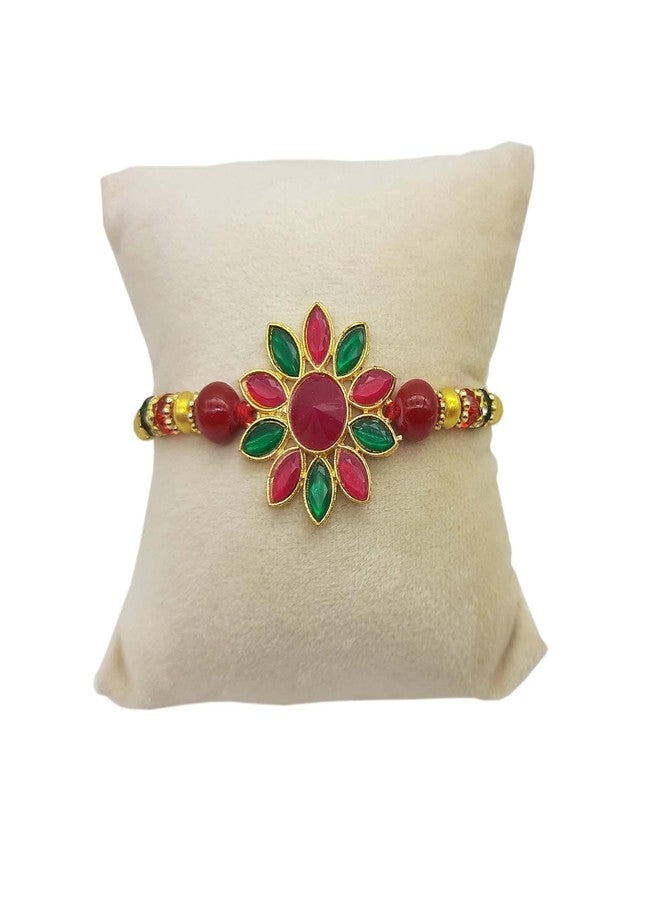 Ascension Flower Kundan Meena Rakhi Raksha Bandhan Gift Band Moli Bracelet Stone Pearl Designer Rakhi for Brother bhaiya with Roli Tilak Pack (Pack of 2) - Image 2