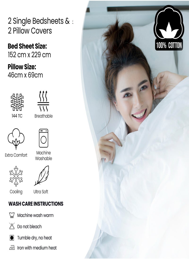 Raymond - Raymond Home Single Sheet 144 Thread Count Luxirious Mercerised 100% Cotton Bedding Solid Pre Shrunk Percale Finish Bed Linen 2 Bedsheet and 2 Pillow Case - White (152 * 229 CM) - Image 1