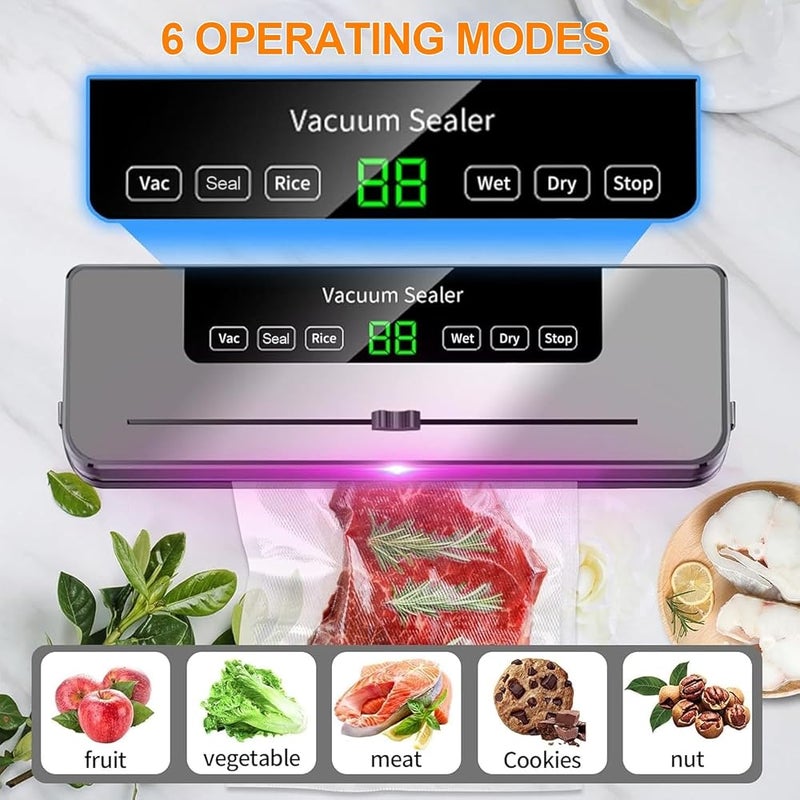 AMINAC Vacuum Sealer Machine, 6-in-1 Food Sealer for Freshness Storage, One-Touch Automatic Food Vacuum Packer With Starter Kits Built-in Cutter, Dry/Wet Modes Ideal for Food Preservation Storage - Image 2