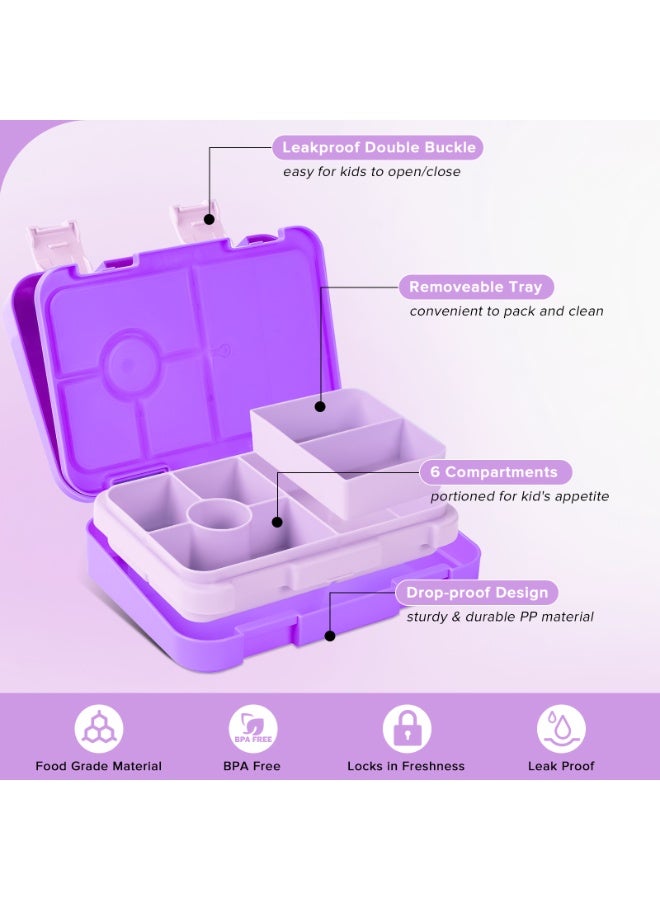 Yakiter Bento Box Lunch Box, 810ML Bento Box for Kids Children with 6 Compartments Cutlery Set, Leak Proof Lunch Box for Kids Adults, Snack Box for School Kindergarten,Nursery, Office（Purple）  - Image 2