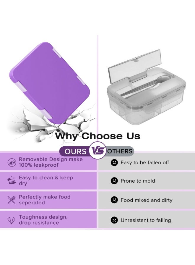 Yakiter Bento Box Lunch Box, 810ML Bento Box for Kids Children with 6 Compartments Cutlery Set, Leak Proof Lunch Box for Kids Adults, Snack Box for School Kindergarten,Nursery, Office（Purple）  - Image 5