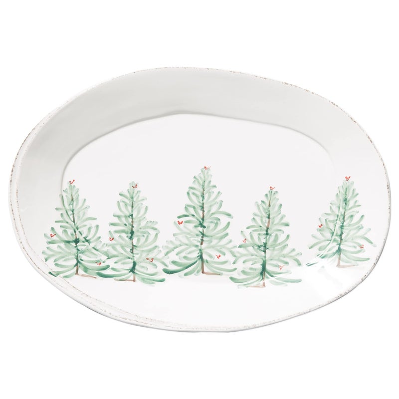 Vietri Vietri Lastra Holiday Wite and Green Oval Platter 185 L Stoneware Serving Plate for Steak Salad Dessert  Snack 