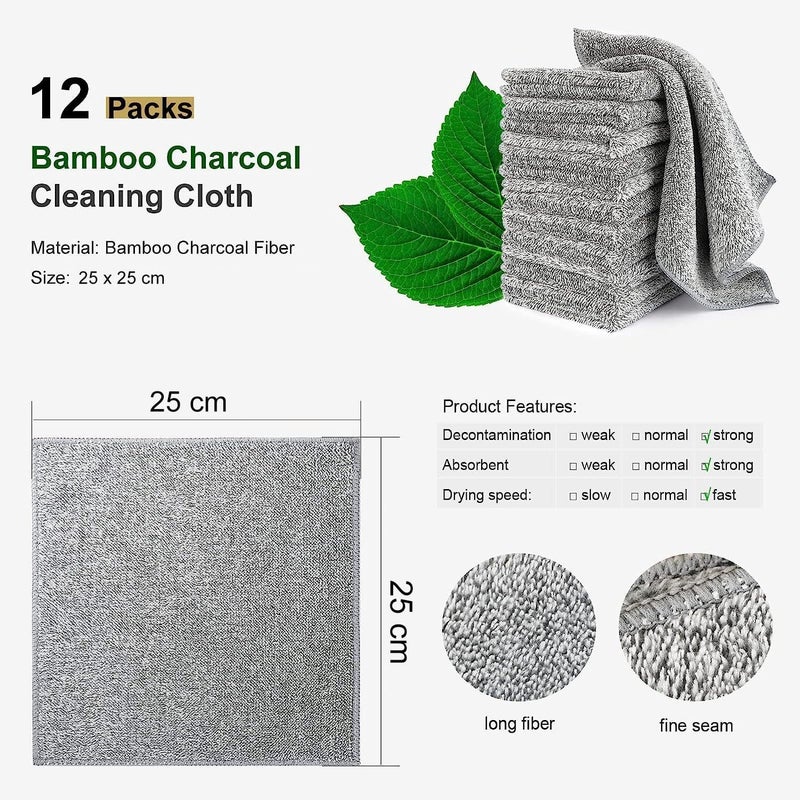 X spring Xspring Microfiber Cleaning Cloths, 12 Pack Kitchen Dish Towels, Highly Absorbent and Reusable, Tea Towels with Bamboo Charcoal Fiber for Cleaning Glass, Kitchens, Automotive Supplies (Grey) - Image 4
