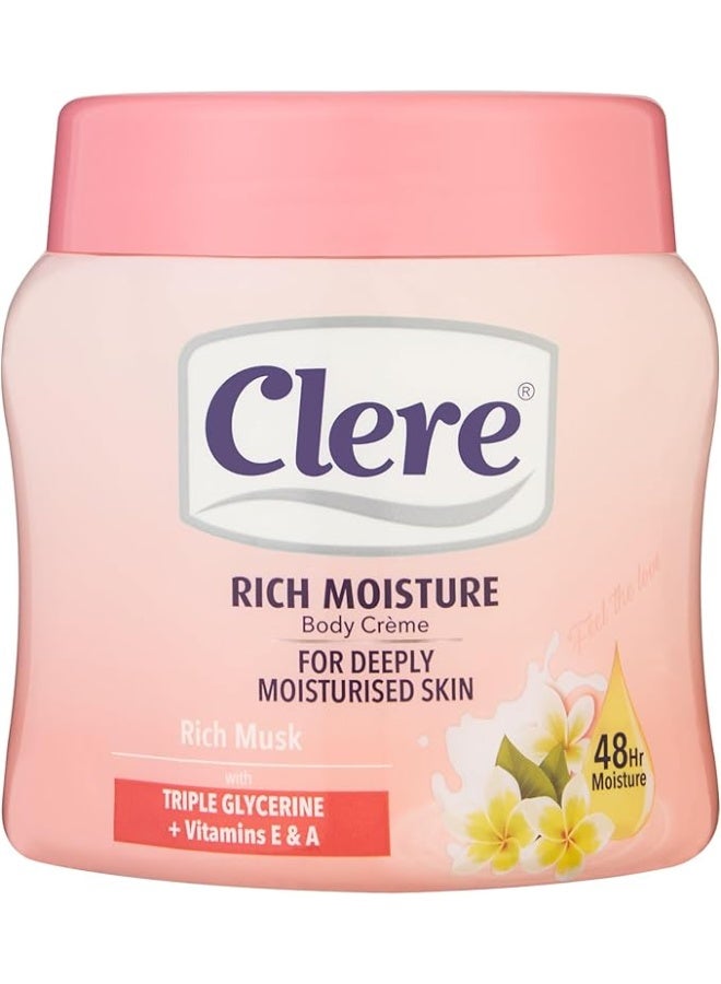 Clere Rich Moisture Body Crème Rich Musk is a deeply nourishing body cream designed to provide long-lasting hydration for dry and dehydrated skin. Enriched with triple glycerine, this rich formula helps to lock in moisture while strengthening the skin’s natural barrier