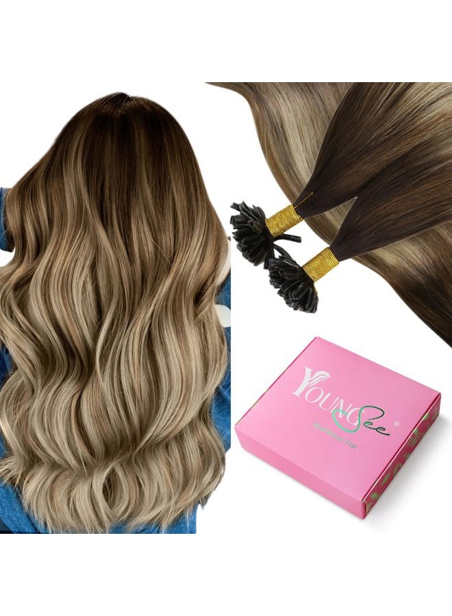 YoungSee (36cm , Dark Brown to Medium Brown with Golden Blonde) - U Tip Hair Extensions Balayage Dark Brown to Medium Brown with Golden Blonde Pre Bonded Hair Extensions Utip Human Hair Extensions ... - Image 1