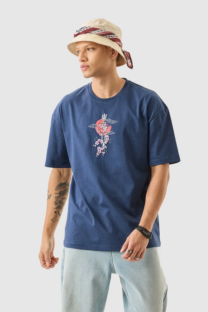 Navy Graphic Half Sleeve Oversized Streetwear T-Shirt