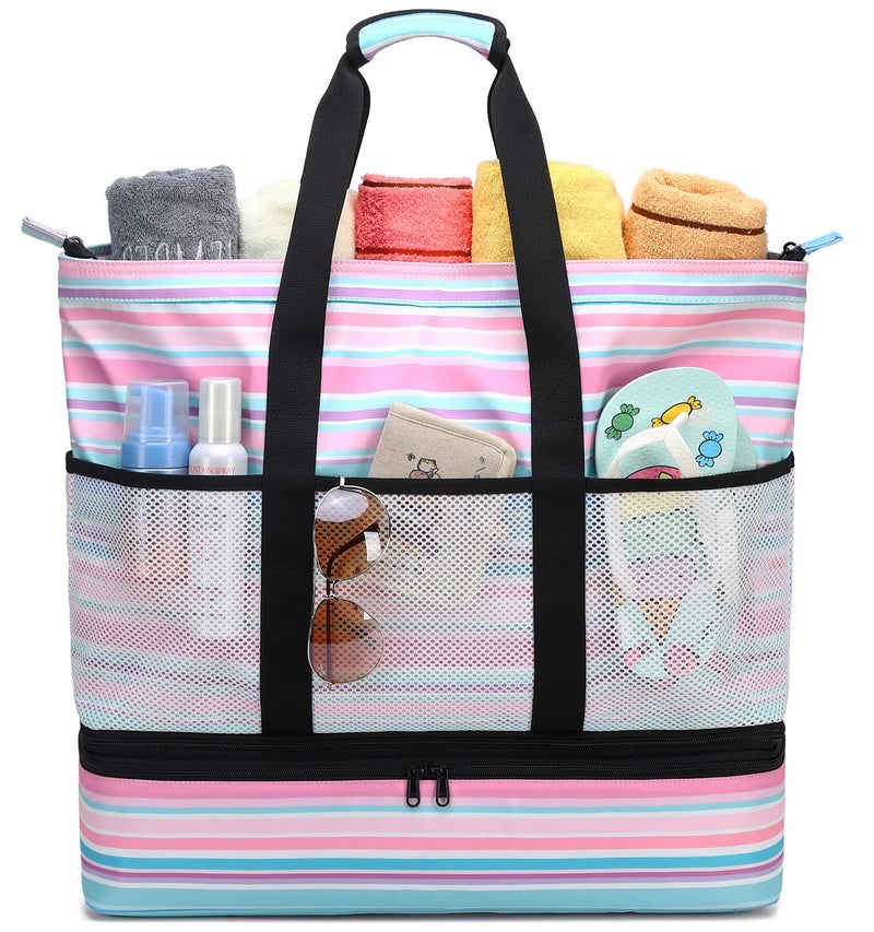 JIANYA Beach Bag Women Waterproof Sandproof Beach Tote Bags with Cooler Top Zipper Large Totes for Beach Pool Travel Daily, Small Stripes Pink - Image 1