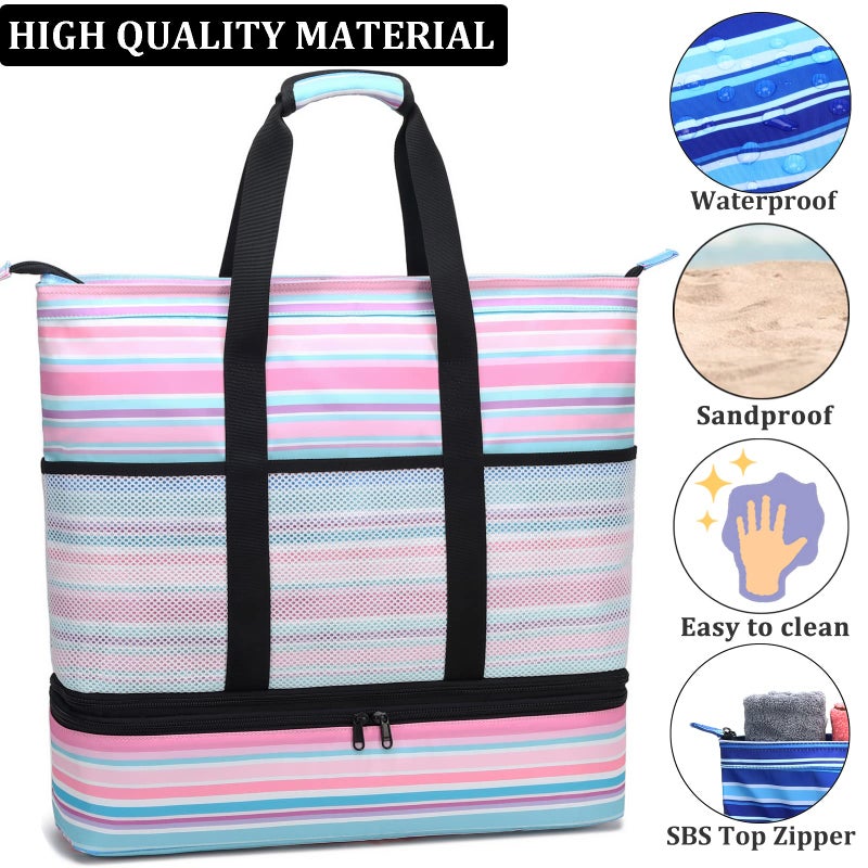 JIANYA Beach Bag Women Waterproof Sandproof Beach Tote Bags with Cooler Top Zipper Large Totes for Beach Pool Travel Daily, Small Stripes Pink - Image 4