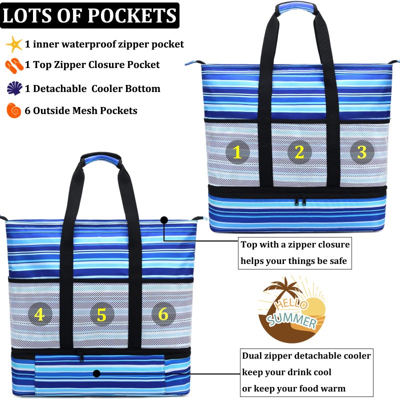 JIANYA Beach Bag Women Waterproof Sandproof Beach Tote Bags with Cooler Top Zipper Large Totes for Beach Pool Travel Daily, Small Stripes Pink - Image 5