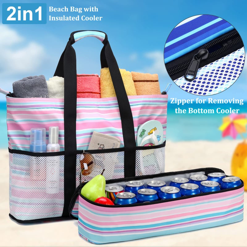 JIANYA Beach Bag Women Waterproof Sandproof Beach Tote Bags with Cooler Top Zipper Large Totes for Beach Pool Travel Daily, Small Stripes Pink - Image 2