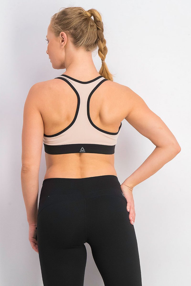 Reebok Women Zip Colorblock Padded Sport Bra, Black and Beige - Image 4