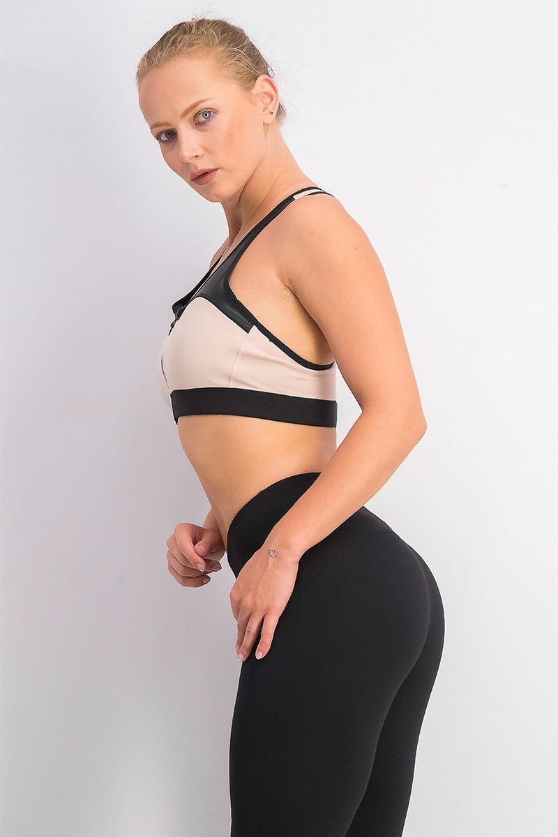 Reebok Women Zip Colorblock Padded Sport Bra, Black and Beige - Image 2