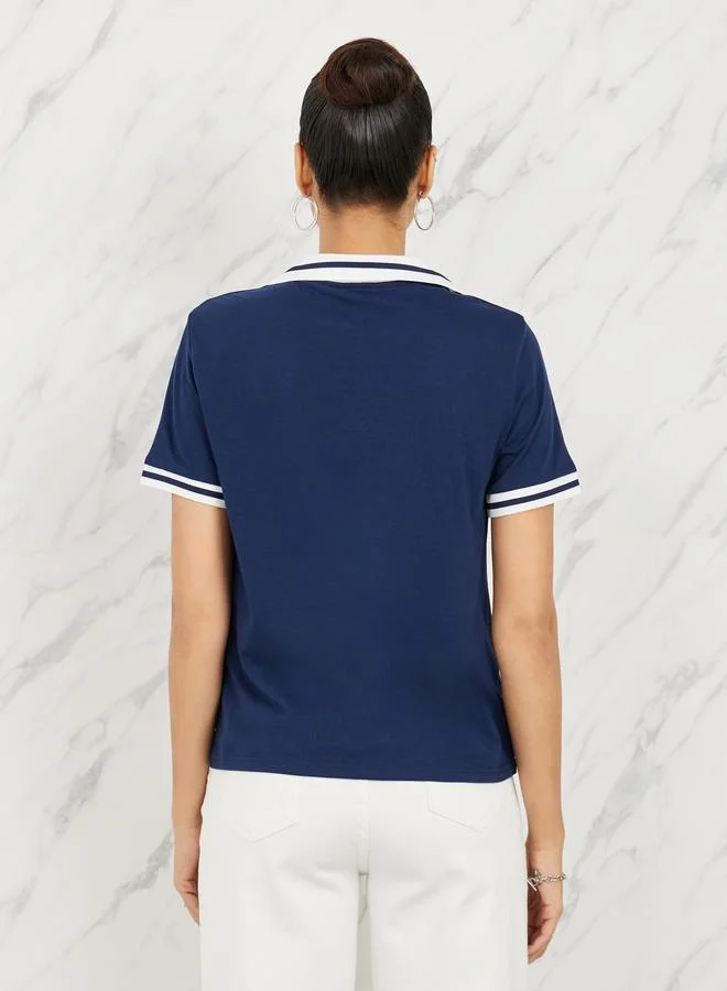 Styli Rhinestone Detail NY Print Contrast Trim Polo T-shirt