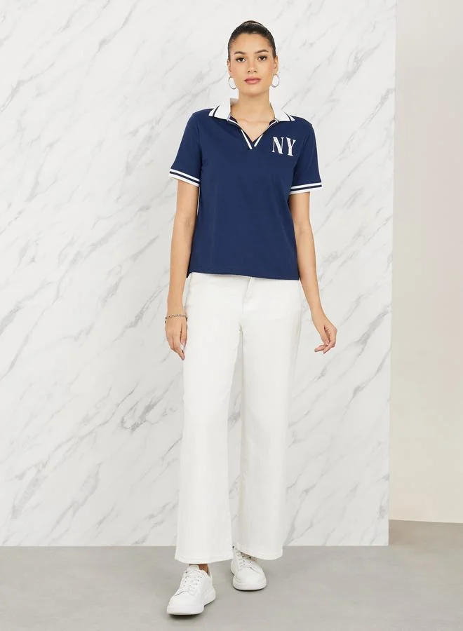 Styli Rhinestone Detail NY Print Contrast Trim Polo T-shirt