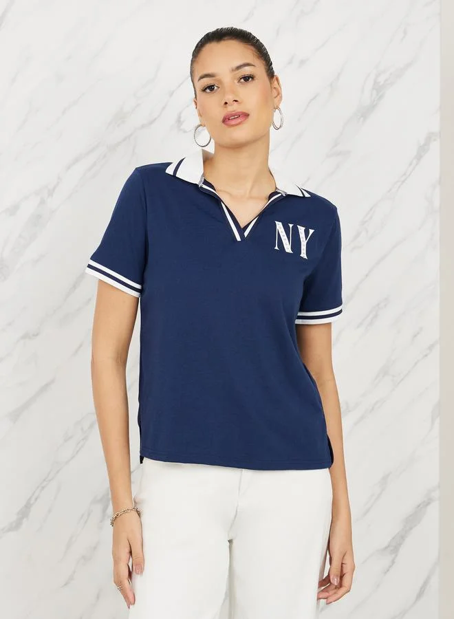 Styli Rhinestone Detail NY Print Contrast Trim Polo T-shirt