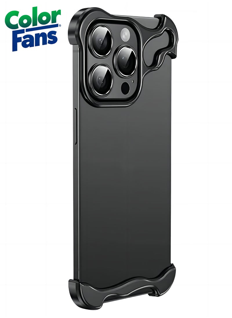 Color Fans - Suitable for iPhone 15 Pro Max Alien Borderless Metal Corner Pad Phone Case with Lens Film Black - Image 1