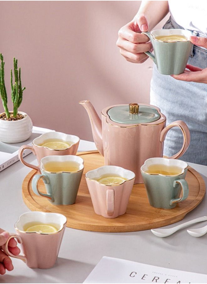 XIANGYU 8 Piece Lovely Modern Irregular Pink Green Petals Shape Teapot Minimalist Sublimation Ceramic Coffee Mug Sets With Tray  - Image 2