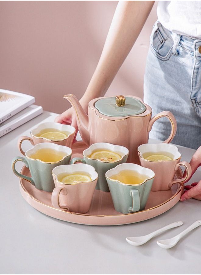 XIANGYU 8 Piece Lovely Modern Irregular Pink Green Petals Shape Teapot Minimalist Sublimation Ceramic Coffee Mug Sets With Tray  - Image 1