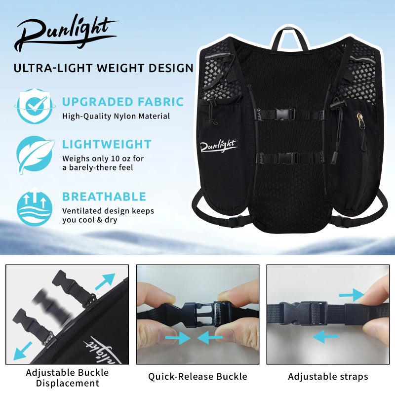 Runlight Running Vest for Women Men, Adjustable Hydration Backpack Breathable Reflective with 1.5L Water Bladder for Hiking, Trail, Running, Marathons, Cycling(Black, One Size) - Image 3