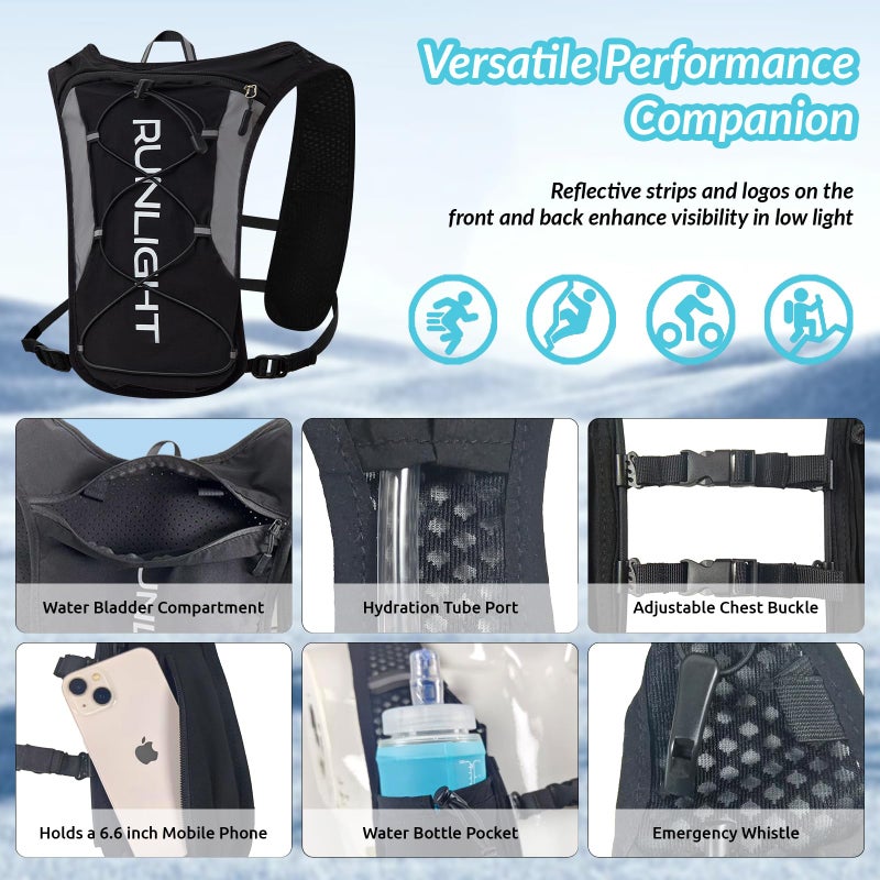 Runlight Running Vest for Women Men, Adjustable Hydration Backpack Breathable Reflective with 1.5L Water Bladder for Hiking, Trail, Running, Marathons, Cycling(Black, One Size) - Image 4