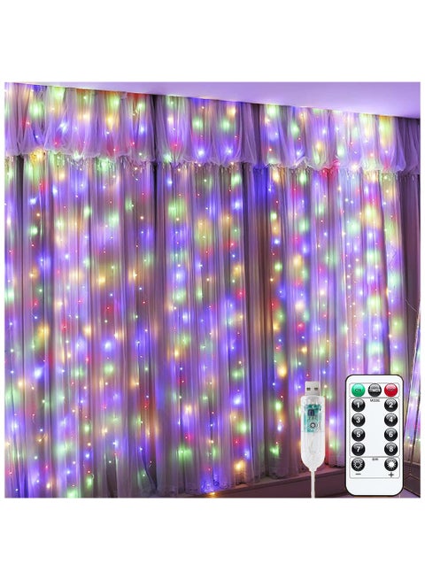 300LED Curtain Fairy Lights, Ramadan Fairy Light, 3X3Meters Remote Control, 8 Lighting Modes, USB Powered, for Eid Party, Home, Bedroom, Indoor Outdoor Wall Decoration (Multicolor)