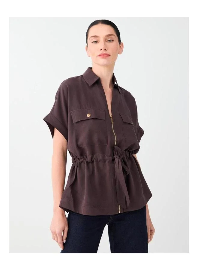 Jimmy Key Bitter Coffee Waist-Ruched Detailed Zipper Shirt Jacket.