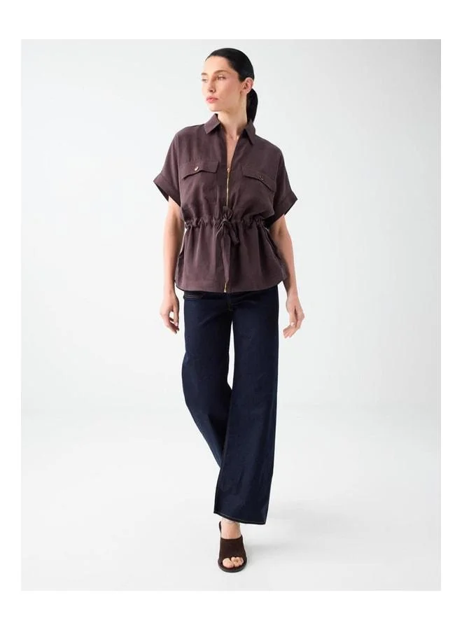 Jimmy Key Bitter Coffee Waist-Ruched Detailed Zipper Shirt Jacket.