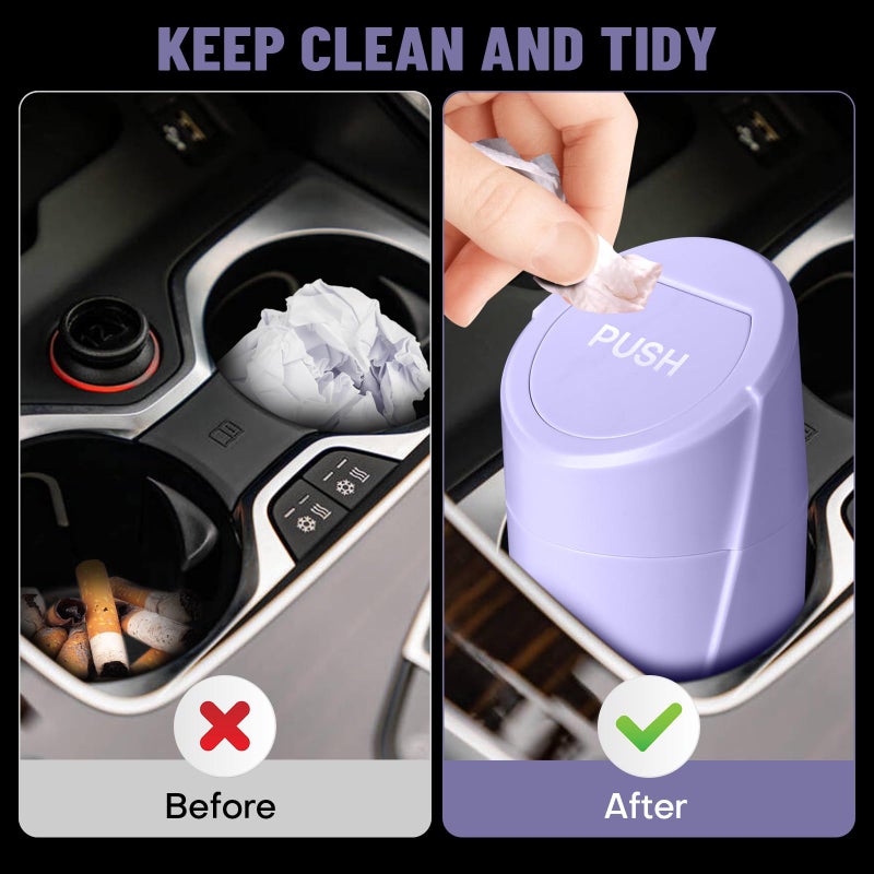 SGLRT Car Trash Can Bin with Lid - Car Garbage Can Cup Holder - Light Purple Mini Leakproof Vehicle Garbage Bin with 20pcs Trash Bags-Automotive Organizers and Storage for Front Back Seat Accessories - Image 2