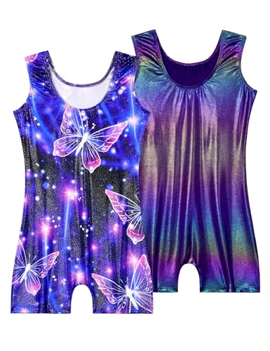 Nokecina Gymnastics Leotards for Girls Size 6-7 Years Old 2 Packs Shiny Purple Butterfly Kids Unitard - Image 2