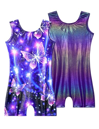 Nokecina Gymnastics Leotards for Girls Size 6-7 Years Old 2 Packs Shiny Purple Butterfly Kids Unitard - Image 1