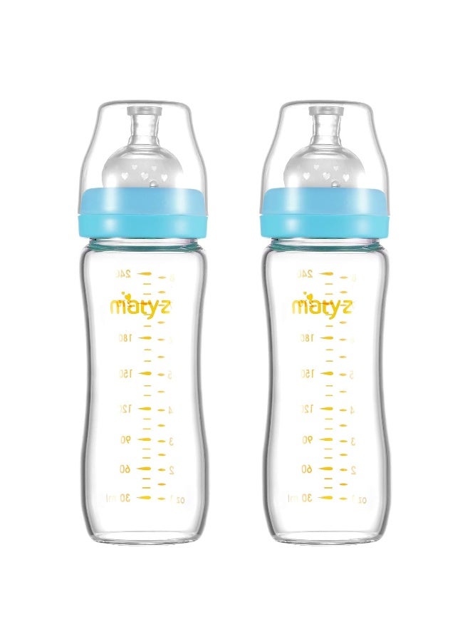 Matyz Glass Breastmilk Baby Feeding Bottle with Nipple, 2 Pack, 8 oz Slim and Light Bottle Easy to Hold, Food Grade Borosilicate Glass, Wide Neck Easy to Clean, No BPA (Blue Lids) - Image 1