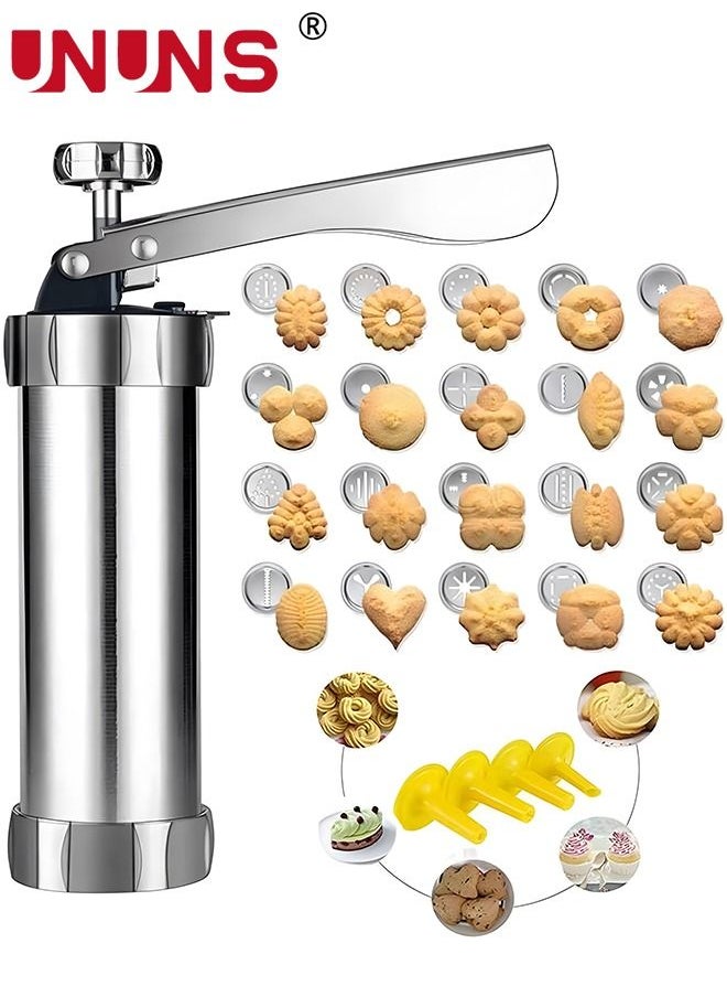UNUNS Biscuit Maker,Cookie Press Gun Kit,Stainless Steel Biscuit Press Maker (With 20 Disc And 4 Nozzles),Baking Tool Biscuit Cake Dessert DIY Maker And Decoration  - Image 1