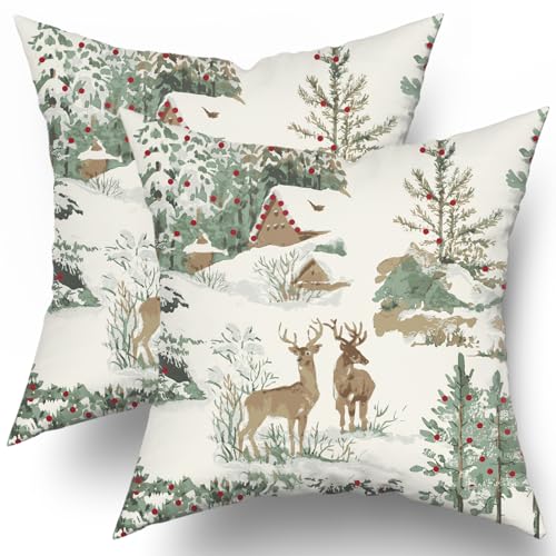 Aytipun Winter Pillow Covers 18x18 Set of 2 Rustic Deer Tree Cabin Brown Auqa Winter Themed Style Forest Print Decorative Outdoor Pillowcases Christmas Farmhouse Throw Cushion Case Decor for Couch Sofa Bed - Image 1