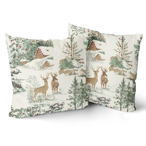 Aytipun Winter Pillow Covers 18x18 Set of 2 Rustic Deer Tree Cabin Brown Auqa Winter Themed Style Forest Print Decorative Outdoor Pillowcases Christmas Farmhouse Throw Cushion Case Decor for Couch Sofa Bed - Image 3