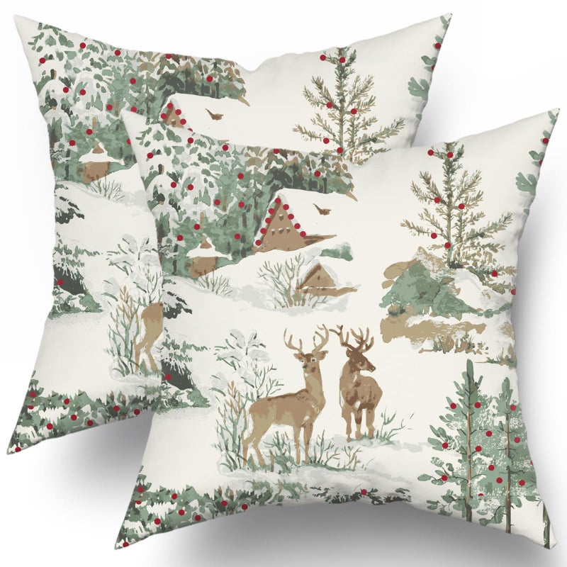 Aytipun Winter Pillow Covers 18x18 Set of 2 Rustic Deer Tree Cabin Brown Auqa Winter Themed Style Forest Print Decorative Outdoor Pillowcases Christmas Farmhouse Throw Cushion Case Decor for Couch Sofa Bed - Image 2