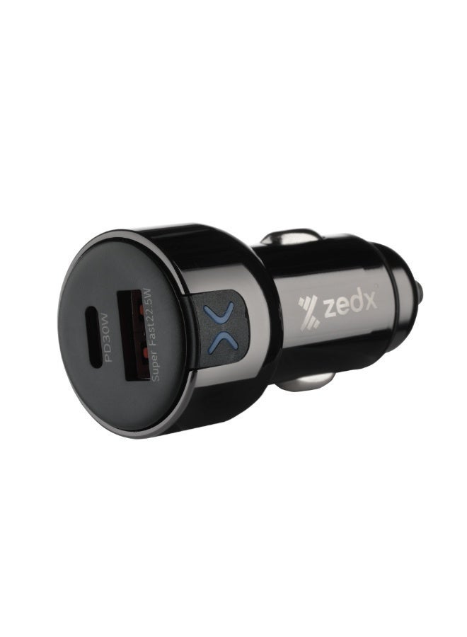 ZEDX ZE-02 52.5W Fast Car Charger USB-A + USB-C PD Dual Port High Speed Car Adapter Black - Image 1
