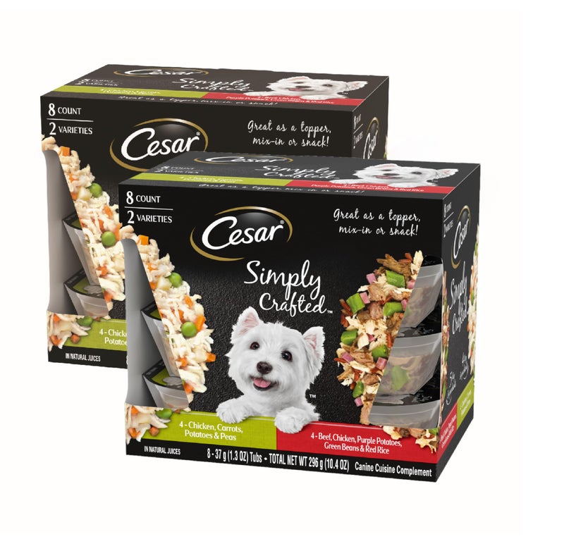 Cesar Simply Crafted Wet Dog Food Toppers for Dry Food, Chicken, Carrots, Potatoes & Peas and Beef, Chicken, Purple Potatoes, Green Beans & Red Rice Variety Pack, 1.3 oz. Tubs, 8 Count (Pack of 2) - Image 1